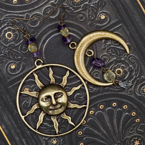 boheme noir kolczyki asymetryczne celestial boho ametyst, cytryn,krysztal gorski.webp
