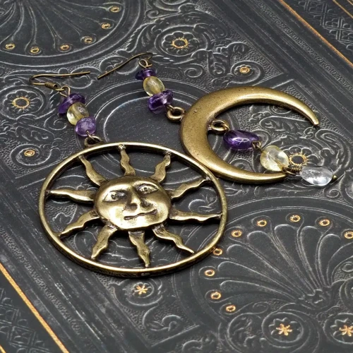 kolczyki asymetryczne celestial boho ametyst, cytryn,krysztal gorski boheme noir.webp