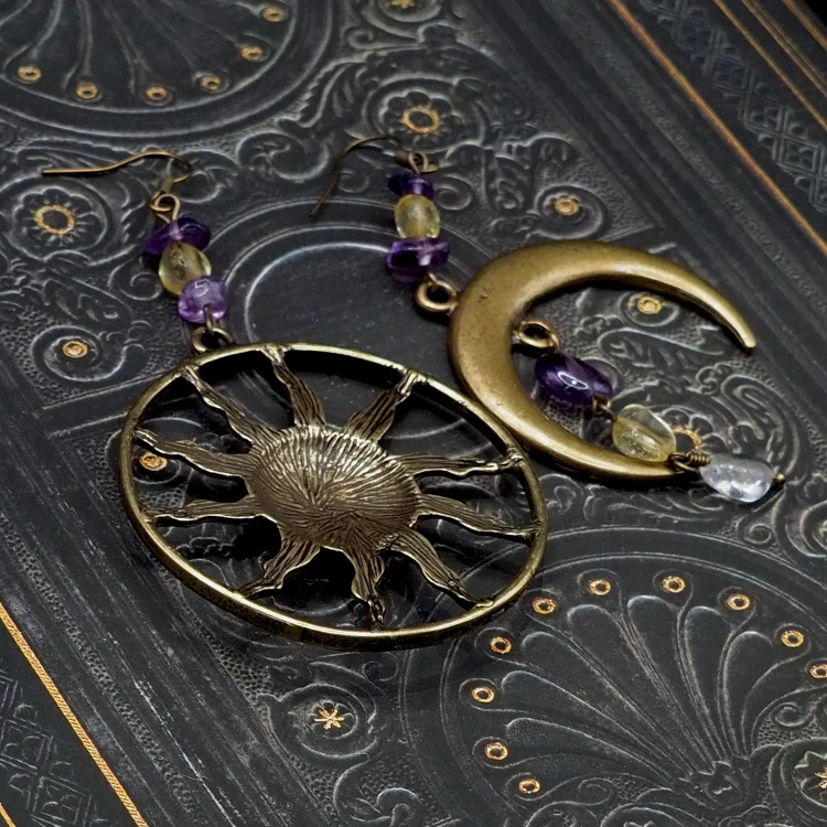 boheme noir kolczyki asymetryczne celestial boho ametyst, cytryn,krysztal gorski - tyl.webp