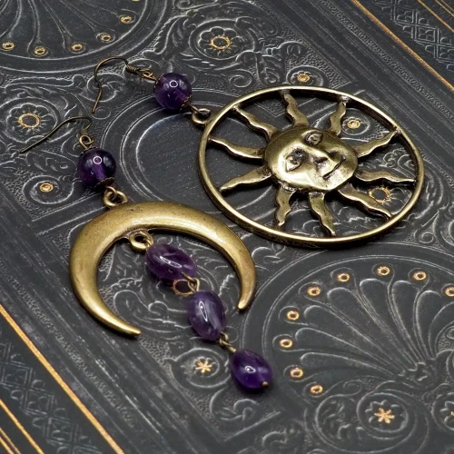 boheme noirkolczyki asymetryczne dark boho celestial moon and sun  ametyst.webp
