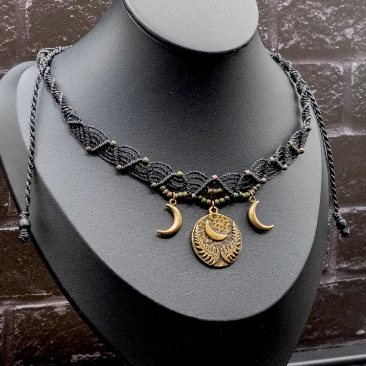boheme noir choker czarny makramowy dark boho paprocie.webp